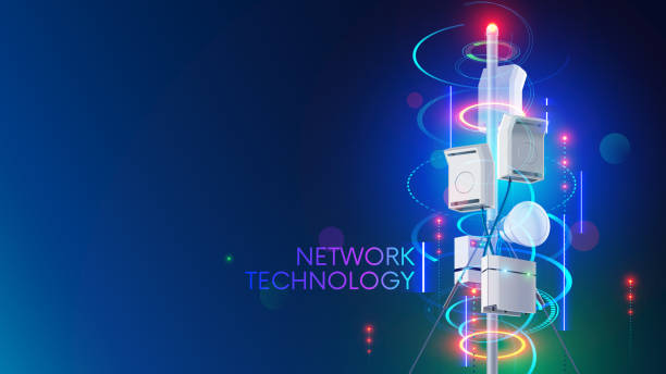 illustrazioni stock, clip art, cartoni animati e icone di tendenza di la torre di comunicazione o l'antenna di rete cellulare 5g trasmette segnale wireless su dispositivi mobili. internet cellulare ad alta velocità. tecnologia delle telecomunicazioni di quinta generazione. concetto di background tecnologico. - antenna attrezzatura per le telecomunicazioni