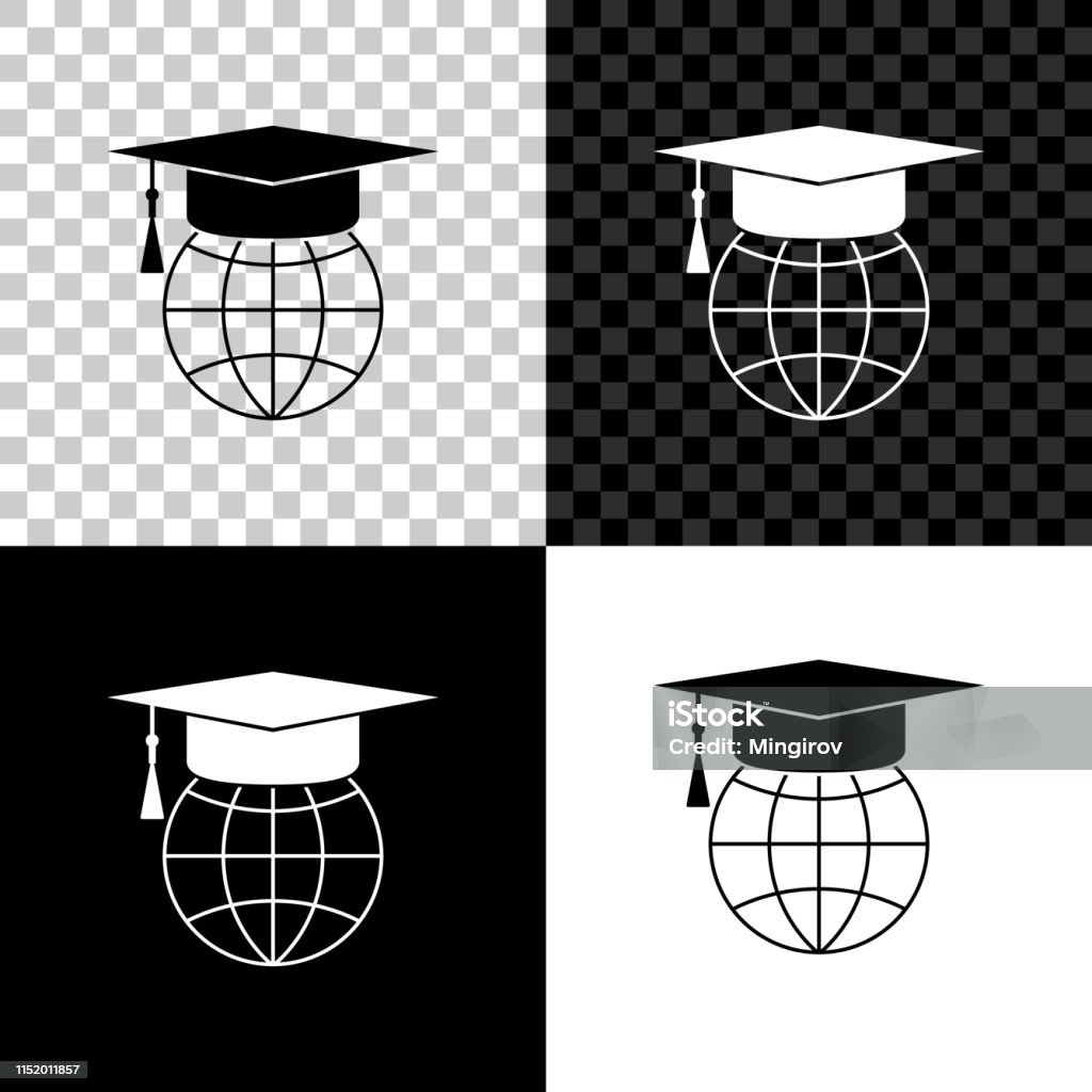 Graduation cap on globe icon isolated on black, white and transparent background. World education symbol. Online learning or e-learning concept. Vector Illustration Achievement stock vector