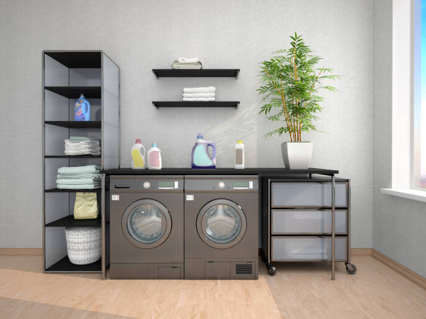 istock Laundry room design with washing machine loft style. 3d illustration 1152012217