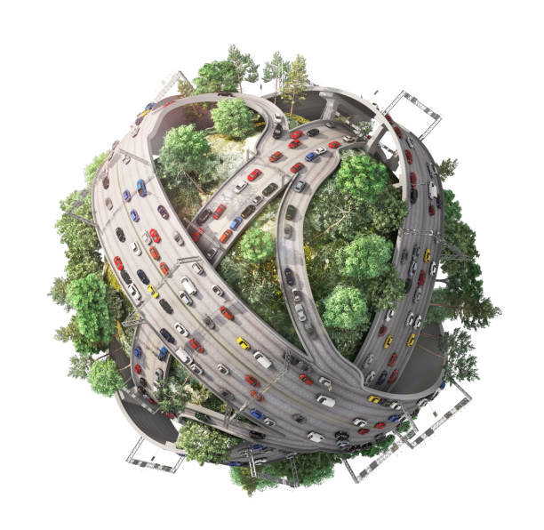 traffic concept. planet as concept for chaotic urban life. 3d illustration - miniature city isolated imagens e fotografias de stock