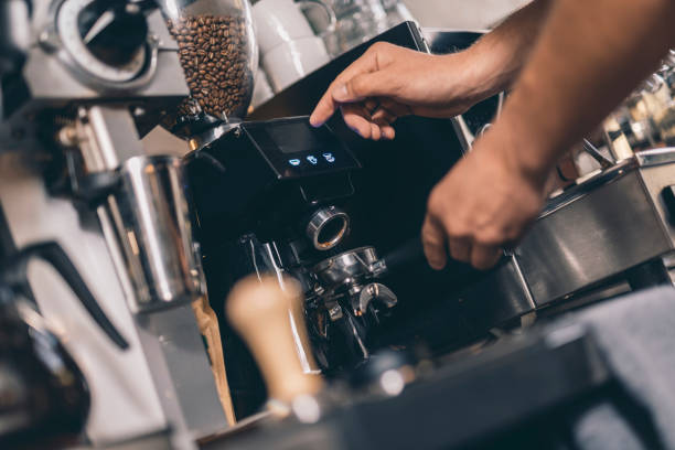 istock Close up of the process of using coffee machine menu on the screen 1152014239