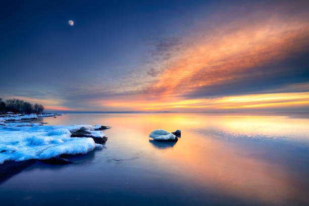 Winter ice and snow over Lake Superior during sunset