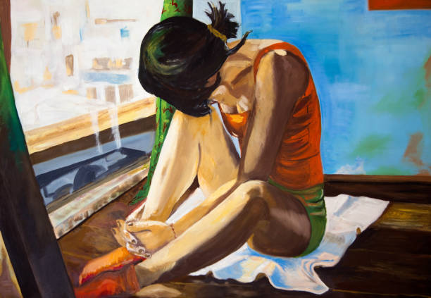 Painting of sad looking girl sitting in window vector art illustration