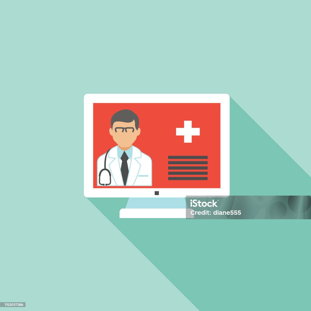 Icono médico y sanitario en estilo de diseño plano-telemedicina - arte vectorial de Telemedicina libre de derechos