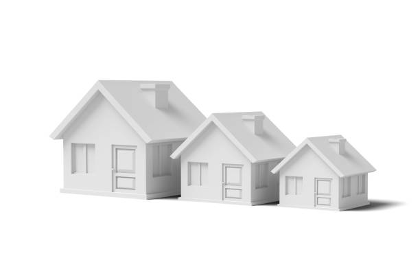 istock Three White empty houses on a yellow background abstract image. Concept building business. 3D render. 1152017476