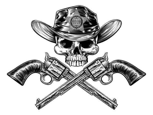 ilustrações de stock, clip art, desenhos animados e ícones de pistols and sheriff star badge cowboy hat skull - police badge badge police white background