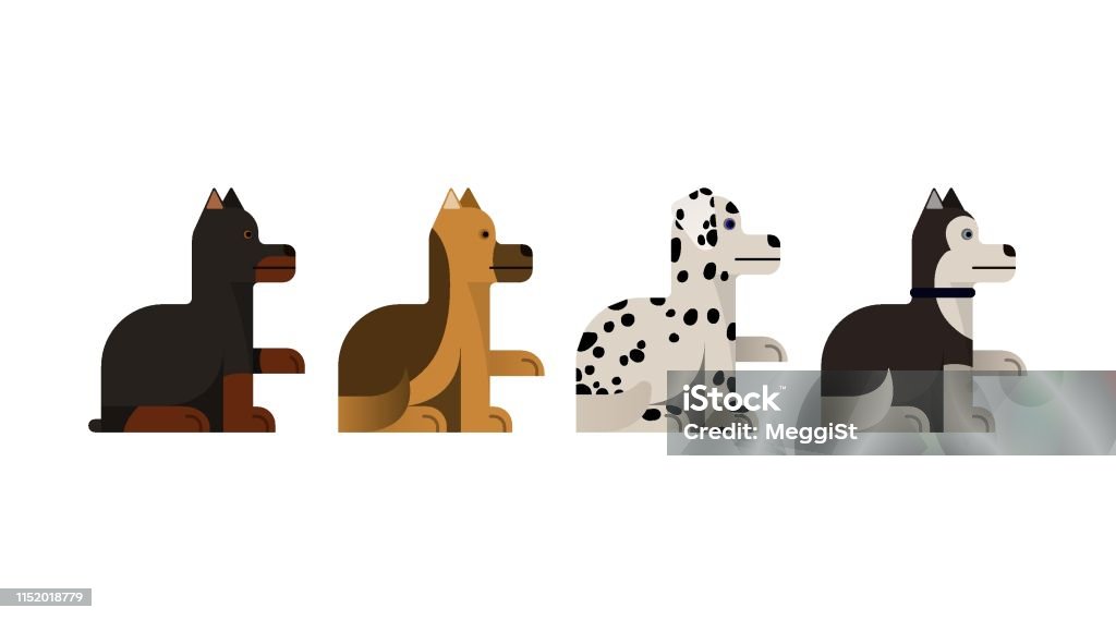 Dogs sits and gives a paw. Dogs sits and gives a paw. Doberman, shepherd, husky and dalmatian gives a paw. Vector illustration. Flat icons set. Abstract stock vector