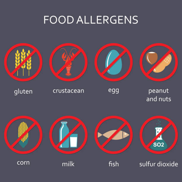 illustrations, cliparts, dessins animés et icônes de ensemble d’icônes alimentaires allergènes. symboles de repas allergène. illustration vectorielle colorée. - allergy food peanut pollen