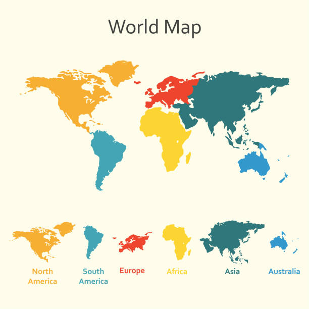 세계지도 인포 그래픽입니다. 대륙 세계 지도의 벡터 디자인 서식 파일입니다. - map continents earth europe stock illustrations