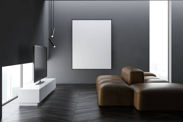 istock Copy space on grey concrete wall with poster and modern lovely living room sofa interior. 3d render. mockup 1152018992