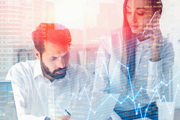 istock Man and woman brokers in city, graphs 1152019108