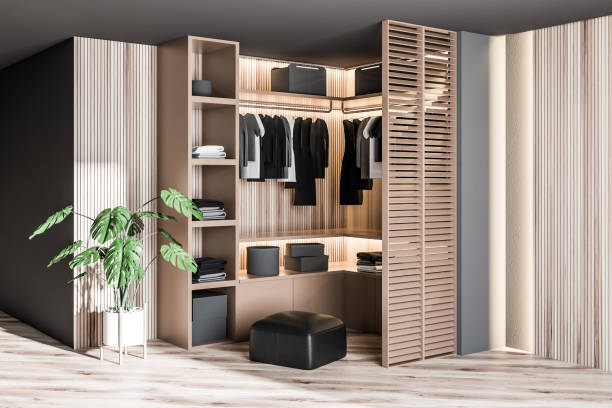istock Modern wooden wardrobe with clothes 1152019410