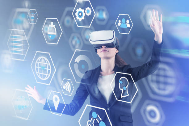 istock Woman in VR headset, digital business interface 1152019480