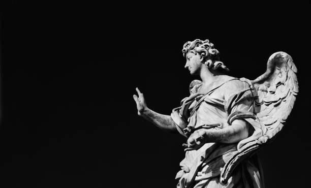 angel with nails of the holy cross (black and white with copy space) - roman statue angel rome imagens e fotografias de stock