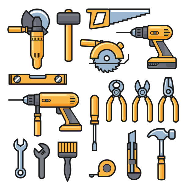 ilustrações, clipart, desenhos animados e ícones de construindo e ferramentas de reparação de ícones, ferramentas de construção kit-broca, martelo, chave de fenda, viu, arquivo, putty knife, régua, capacete, rolo, escova, caixa de ferramenta - hand drill work tool white white background