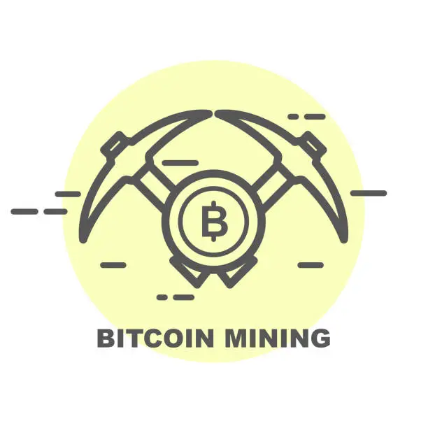 Vector illustration of Bitcoin mining icon - two crossed picks and coin