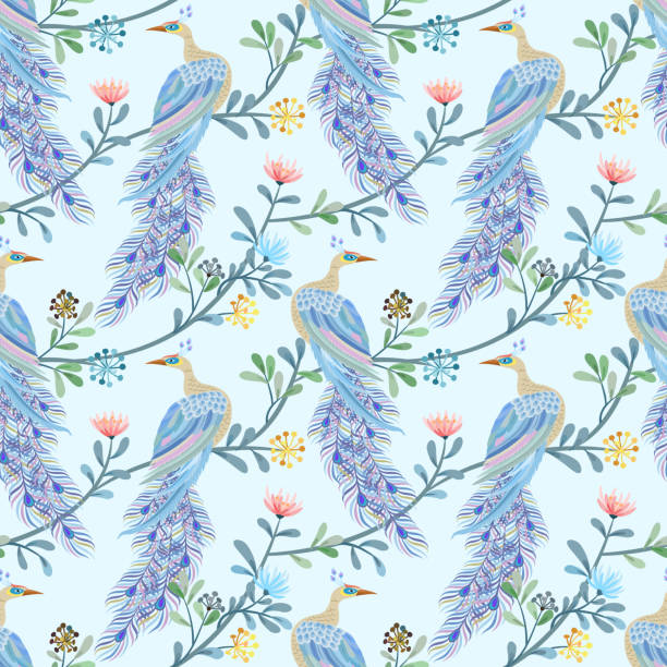 красивый павлин бесшовный узор. - pattern peacock multi colored decoration stock illustrations