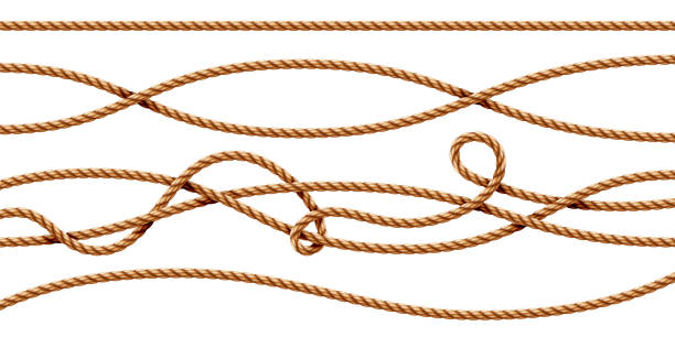 Set of isolated curvy 3d ropes. Straight and tied up sailor strings. Realistic marine cord or retro, vintage navy thread. Twisted hemp or jute nautical line with knot, intertwined loop. Whipcord Set of isolated curvy 3d ropes. Straight and tied up sailor strings. Realistic marine cord or retro, vintage navy thread. Twisted hemp or jute nautical line with knot, intertwined loop. Whipcord hangmans noose stock illustrations