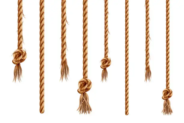 Vector illustration of Set of isolated hanging ropes with tassels. 3d hemp string with brush and frayed knot. Realistic knotted nautical thread. Tied ring or bell whipcord. Nautical or marine vertical fiber. Straight cable