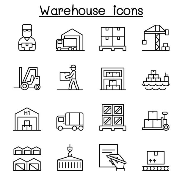 склад, доставка, отгрузка, логистический значок, установленный в стиле тонкой линии - warehouse stock illustrations