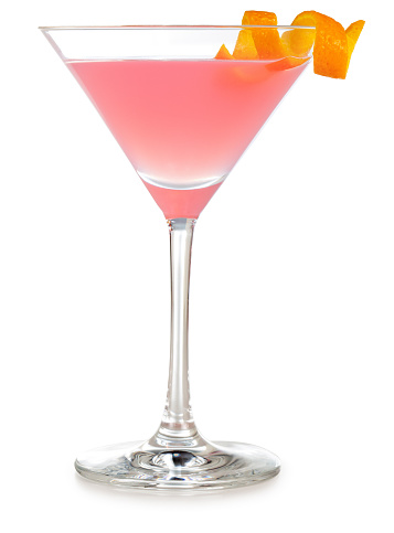 cosmopolitan cocktail garnished with orange zest isolated on white background