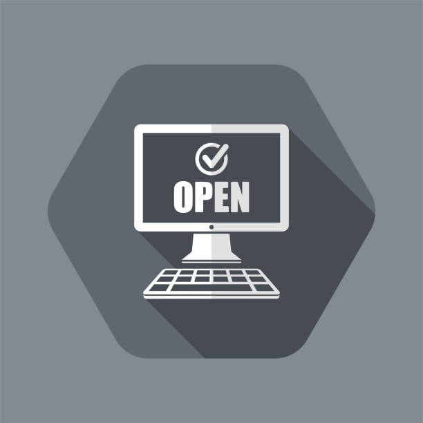 E- commerce check open - Vector flat icon Flat and isolated vector illustration icon with minimal modern design and long shadow door week stock illustrations