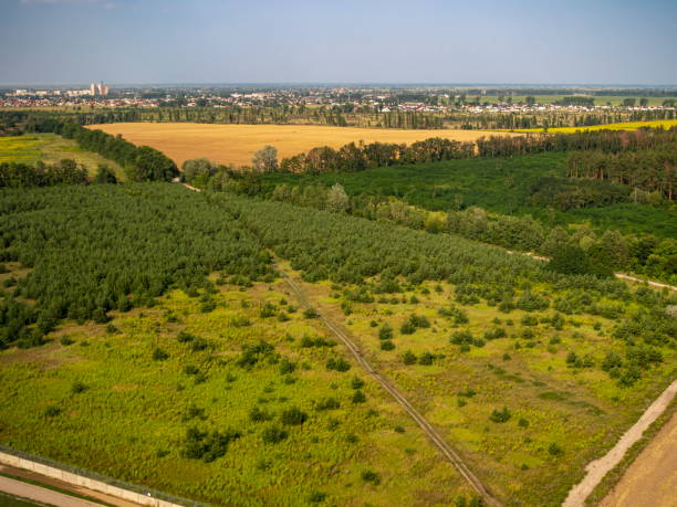 scena della natura rurale aerea e città visibile dal lato lontano - poland rural scene scenics pasture foto e immagini stock