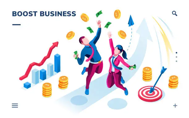 Vector illustration of Isometric business banner for smartphone application. Boost startup, company or investment. Businessman, businesswoman catching cash and coins, rising chart with arrow. Financial profit theme