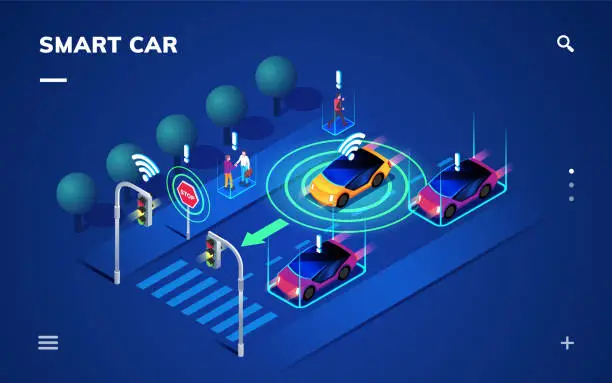 Vector illustration of Driverless or self driving car at road. Futuristic autonomous vehicle remote sensing system. Isometric view on smart auto near traffic light, 3d transport with wireless signal.Autopilot and navigation