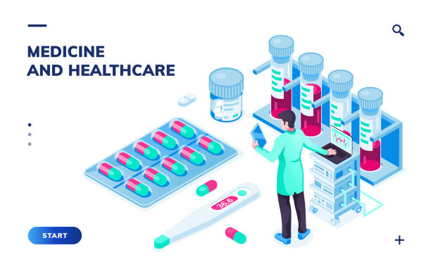 изометрический взгляд на врача с таблеткой или фармацевта возле таблетки дела�ть онлайн заказ. 3d медицинская или медицинская лаборатория, л - pharmacy measuring prescription medicine medicine stock illustrations