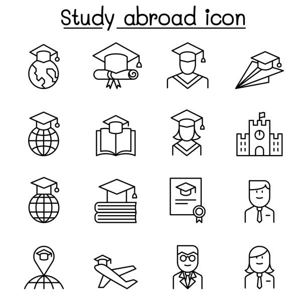 Study abroad icon set in thin line style Study abroad icon set in thin line style exchange student stock illustrations