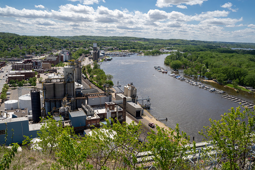 Cityscape view of Red Wing Minnesota, featuring the Mississippi River on a spring day. As seen from Barn Bluff hike