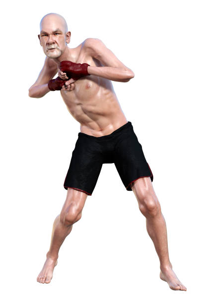 3D rendering of a senior man boxing isolated on white background