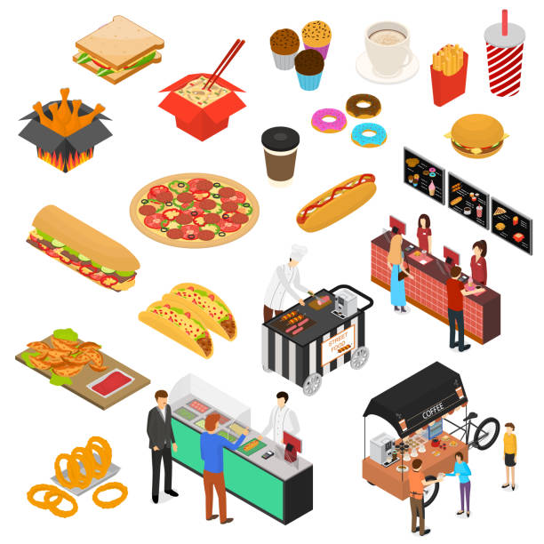 Fast Food Cart Cafe Sign 3d Icon Set Isometric View. Vector Fast Food Cart Cafe Sign 3d Icon Set Isometric View Include of Hotdog, Cola and Pizza. Vector illustration of Icons quick service restaurant cashier stock illustrations