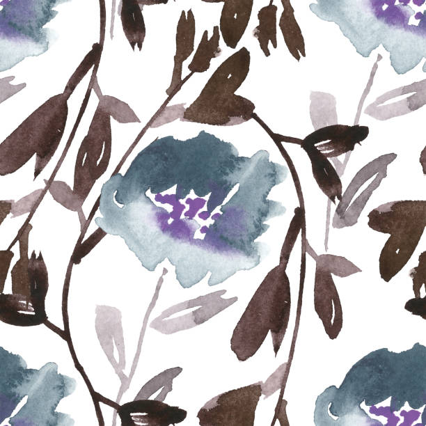 istock Seamless watercolor floral pattern in shades of dusty blue and brown. 1152035736