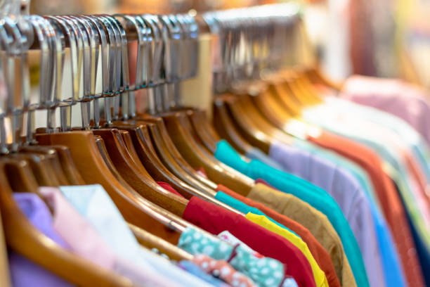 istock Second Hand Clothing on Hanger at the street bazaar Close up 1152035880