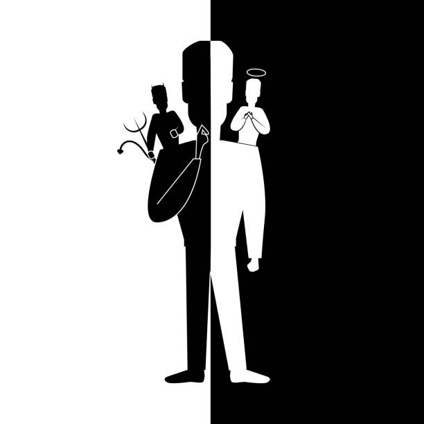 Cartoon Silhouette Black Character Man with Angel and Devil on Shoulders. Vector Cartoon Silhouette Black Character Man with Angel and Devil on Shoulders Choice or Decision Concept Element Flat Design Style. Vector illustration good vs evil stock illustrations