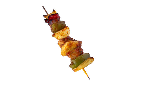 Grilled pork skewer and vegetables barbecue isolated on white background