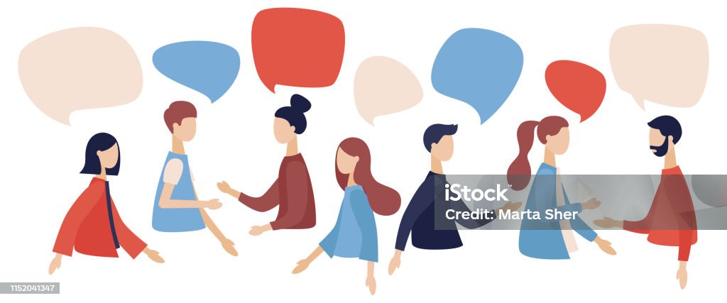 Group of people talking . Businessmen discuss social network, news, social networks, chat, dialogue speech bubbles. Flat cartoon style. Vector illustration Adult stock vector