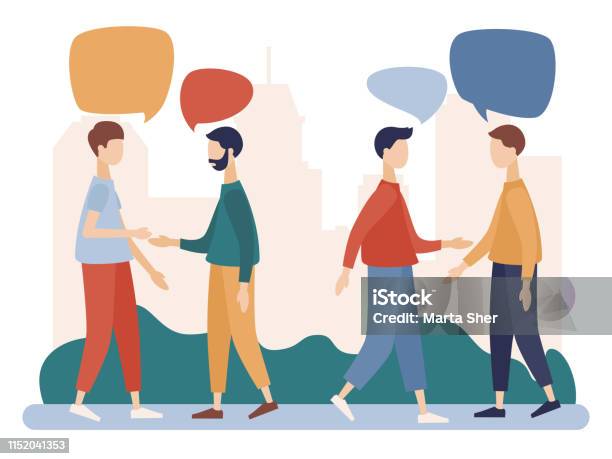 Men Talking People Discuss Social Network News Social Networks Chat Dialogue Speech Bubbles Flat Cartoon Style Vector Illustration Stock Illustration - Download Image Now