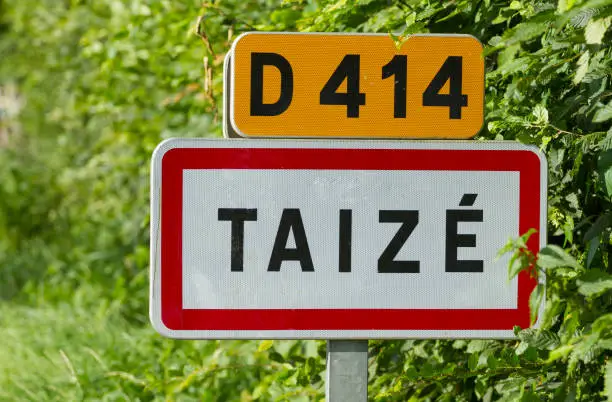 Photo of French village roadsign of Taize in Burgundy