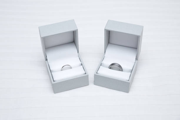 istock Two ring boxes containing wedding bands for bride and groom 1152042920