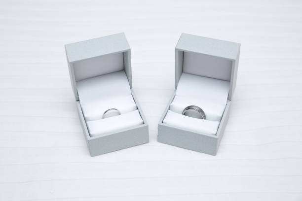 Two ring boxes containing wedding bands for bride and groom Two ring boxes containing wedding bands for bride and groom, platinum and tungsten silver colored rings for wedding day. tungsten metal stock pictures, royalty-free photos & images