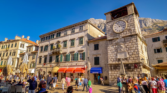 Medieval clock tower in the main town square of Kotor, Montenegro