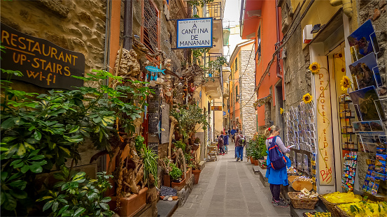 A narrow alley with shops in the Cinque Terre village of Corniglia  in the province of La Spezia