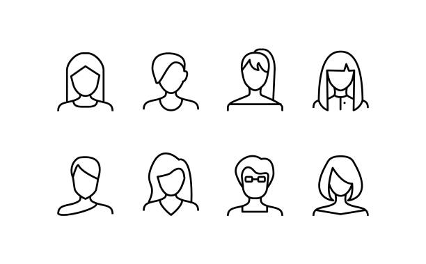 ilustraciones, imágenes clip art, dibujos animados e iconos de stock de cara femenina varios tipos signos de línea delgada conjunto de iconos. vector - mujer