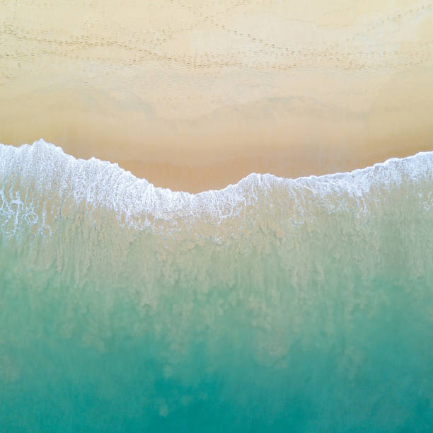 aerial view of ocean wave reaching the coastline - high angle view beach sea coastline imagens e fotografias de stock