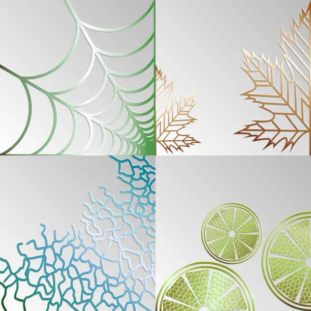 Vector illustration of set of abstract backgrounds of their cobwebs, leaves, mandarin and curls on a gray background.