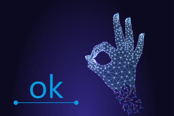 ilustrações de stock, clip art, desenhos animados e ícones de the ok icon. okay symbol.   particles lines and triangles on blue background. in style low poly wireframe. vector illustration. - hand sign index finger human finger human thumb