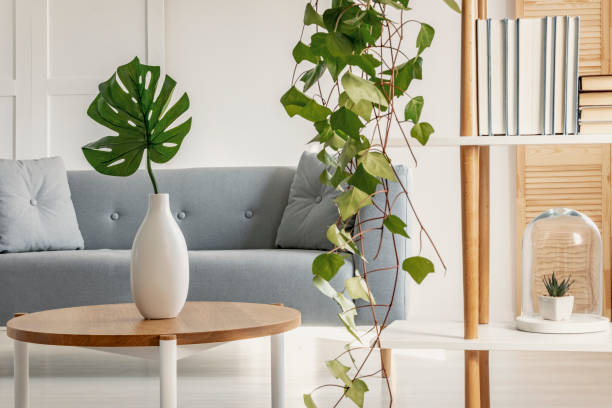 Bright modern living room in botanical style
